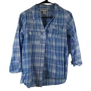 Cathy Daniels blue and white plaid button down long sleeve shirt